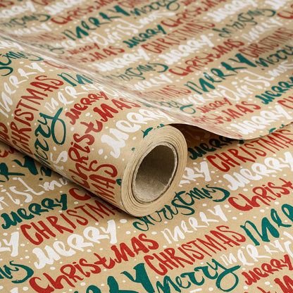 Merry Christmas Xmas Kraft Wrapping Paper with Cut Line on Reverse
