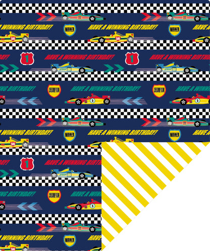 Racing Cars Boy's Birthday Wrapping Paper wtih Yellow Stripe on Reverse