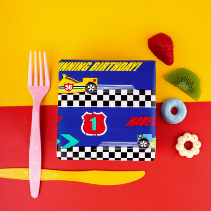 Racing Cars Boy's Birthday Wrapping Paper wtih Yellow Stripe on Reverse