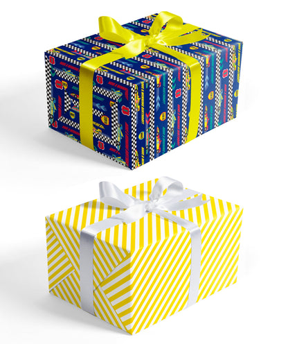 Racing Cars Boy's Birthday Wrapping Paper wtih Yellow Stripe on Reverse