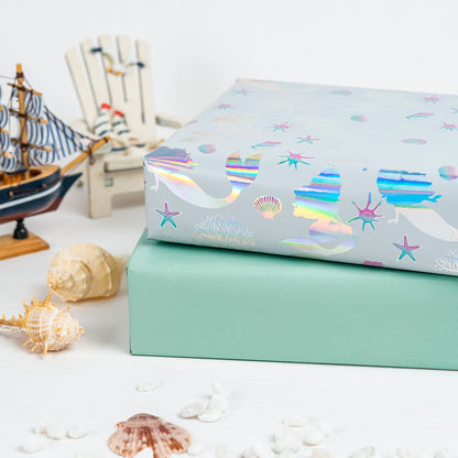 Sea Mermaid Holographic Foil Wrapping Paper with Blue Color on Reverse