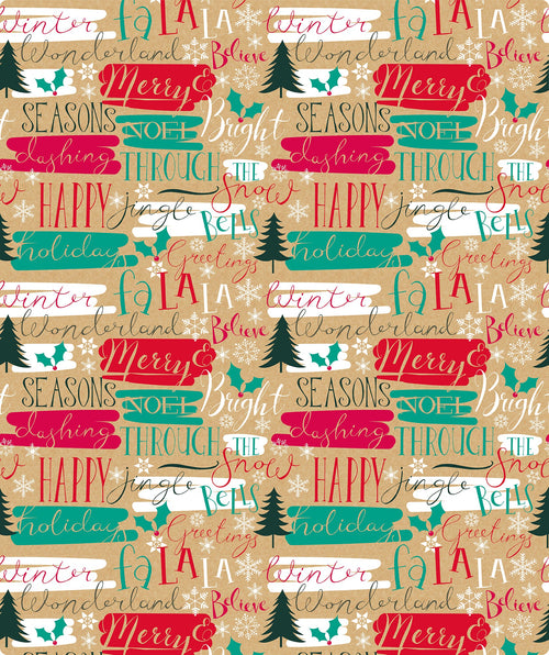 Seasons Greeting Christmas Kraft Wrapping Paper with Cut Line on Reverse