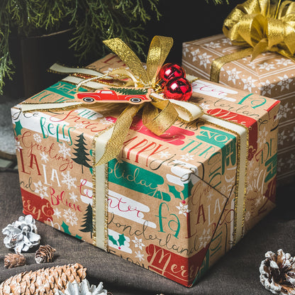 Seasons Greeting Christmas Kraft Wrapping Paper with Cut Line on Reverse