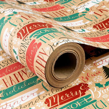 Seasons Greeting Christmas Kraft Wrapping Paper with Cut Line on Reverse
