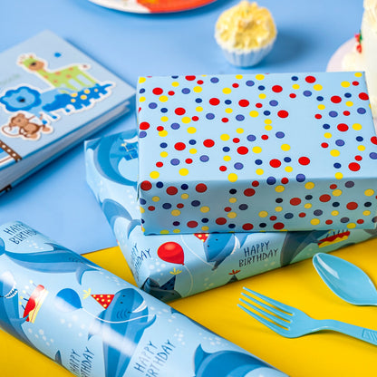 Shark Birthday Blue Wrapping Paper with Colorful Polka Dot on Reverse