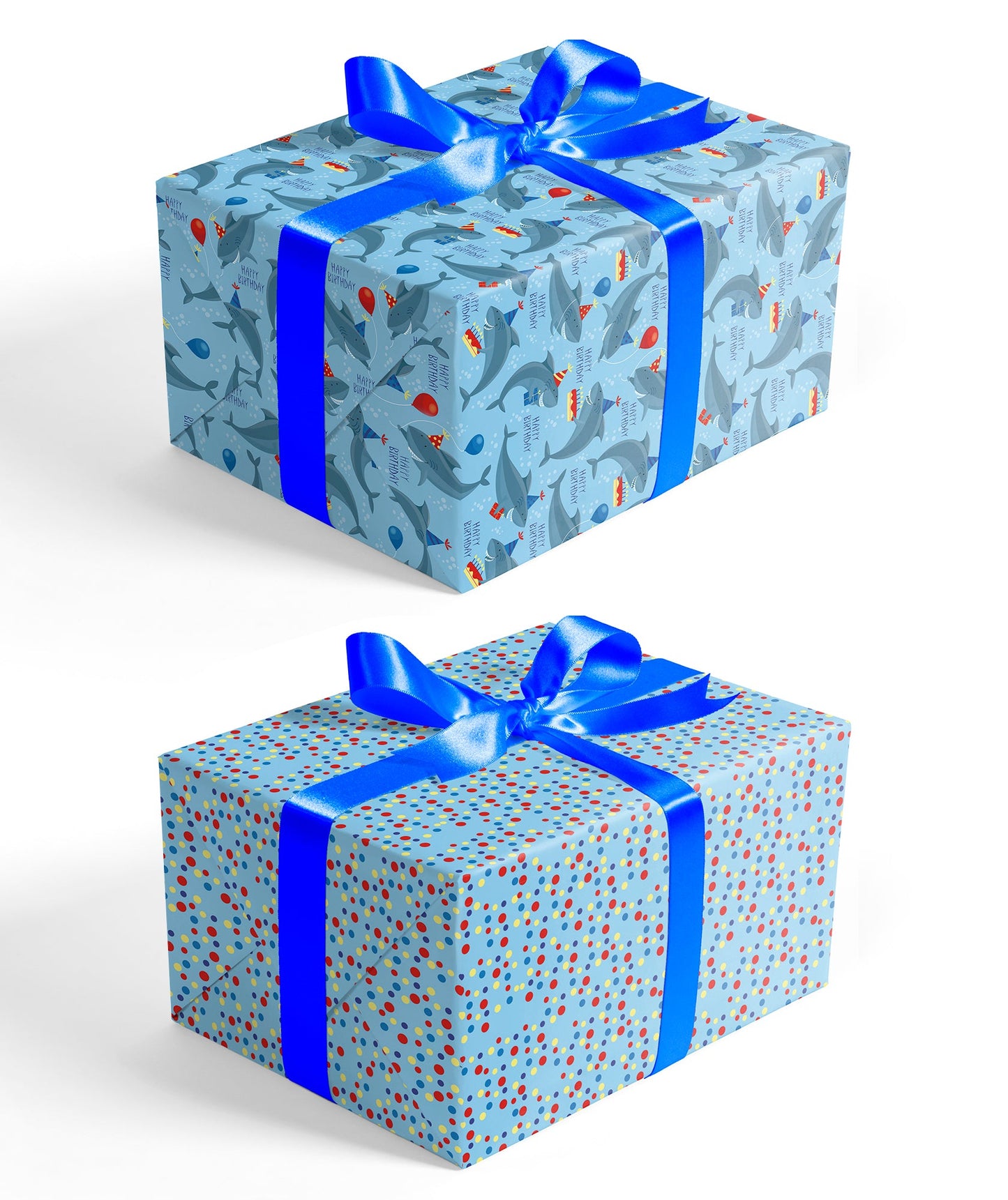 Shark Birthday Blue Wrapping Paper with Colorful Polka Dot on Reverse