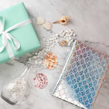 Shiny Scale Holographic Foil Wrapping Paper wtih Light Blue Color on Reverse
