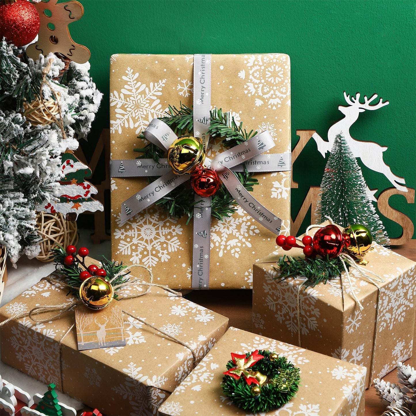 Snow Flake Christmas Kraft Wrapping Paper with Cut Line on Reverse