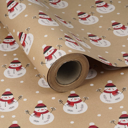 Snowman Christmas Kraft Wrapping Paper with Cut Line on Reverse