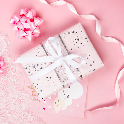 Starry Light Pink Silver Stamp Wrapping Paper wtih Cut Line on Reverse