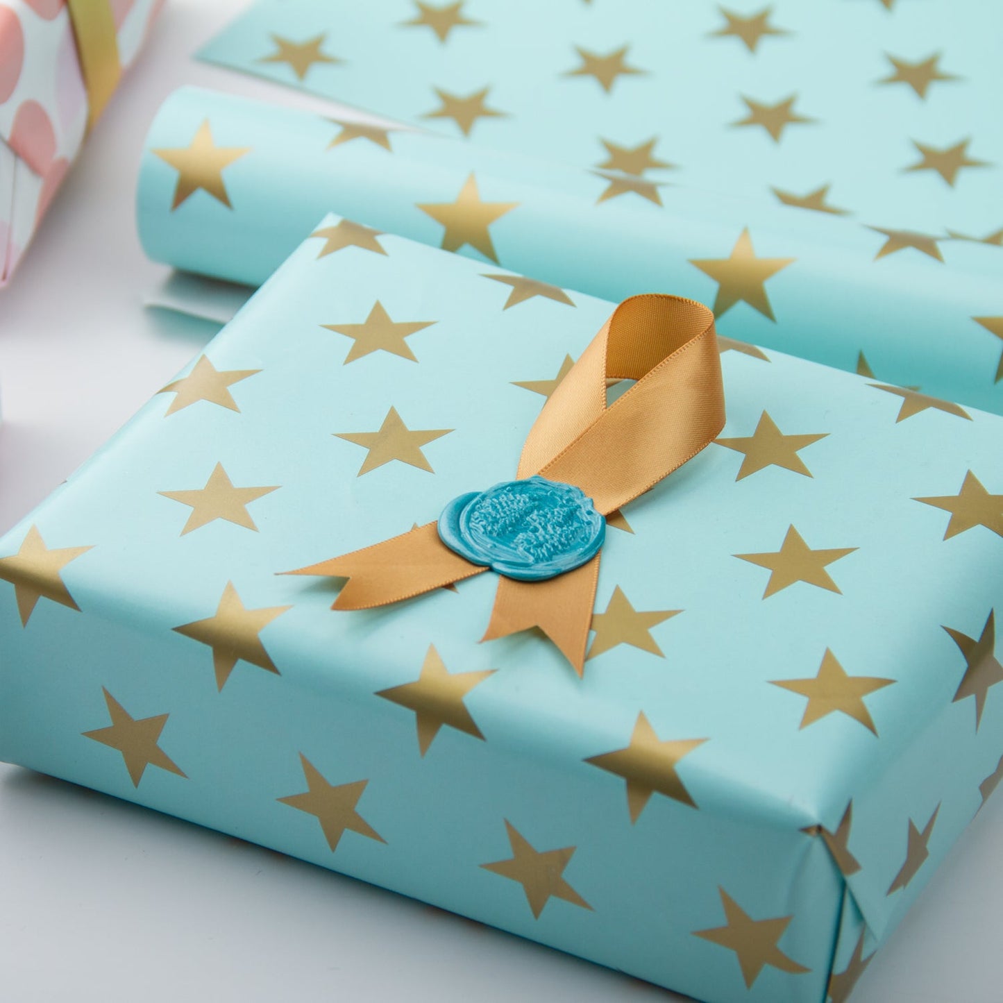 Stars Mint Boy's Birthday Wrapping Paper wtih Yellow Color on Reverse