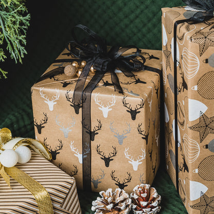 Three Color Dear Head Christmas Kraft Wrapping Paper with Cut Line on Reverse