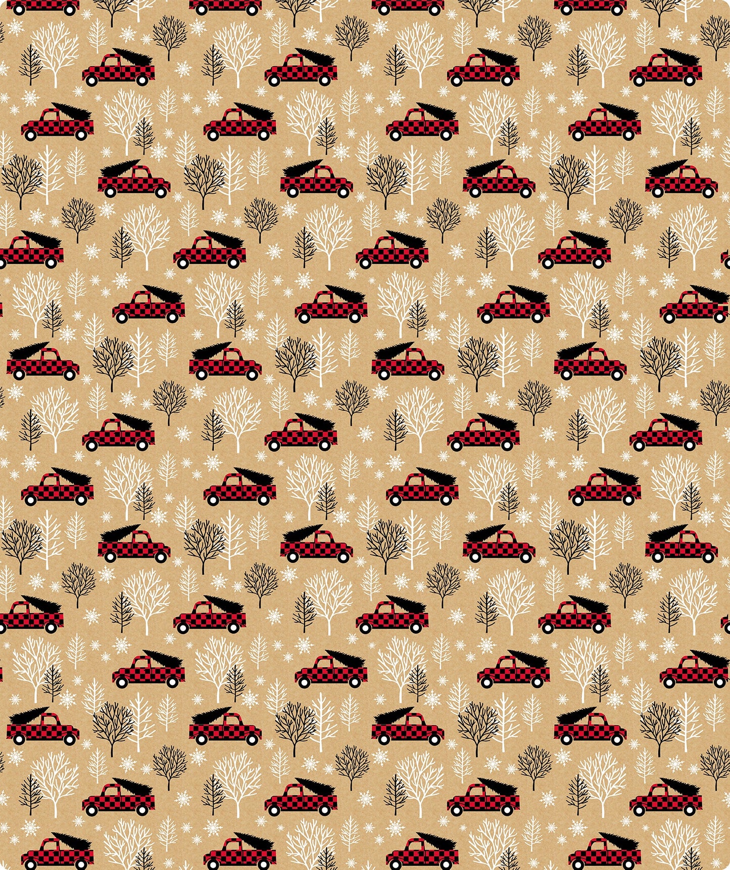 Tree Farm Car with Buffalo Grid Christmas Kraft Wrapping Paper with Cut Line on Reverse