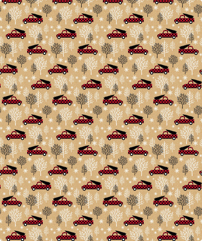 Tree Farm Car with Buffalo Grid Christmas Kraft Wrapping Paper with Cut Line on Reverse