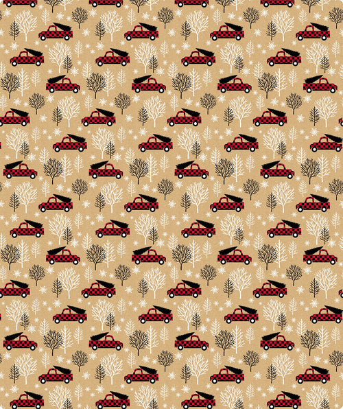Tree Farm Car with Buffalo Grid Christmas Kraft Wrapping Paper with Cut Line on Reverse