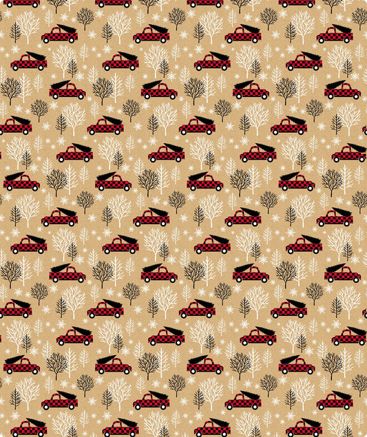 Tree Farm Car with Buffalo Grid Christmas Kraft Wrapping Paper with Cut Line on Reverse