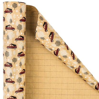 Tree Farm Car with Buffalo Grid Christmas Kraft Wrapping Paper with Cut Line on Reverse