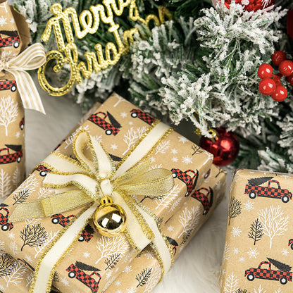 Tree Farm Car with Buffalo Grid Christmas Kraft Wrapping Paper with Cut Line on Reverse