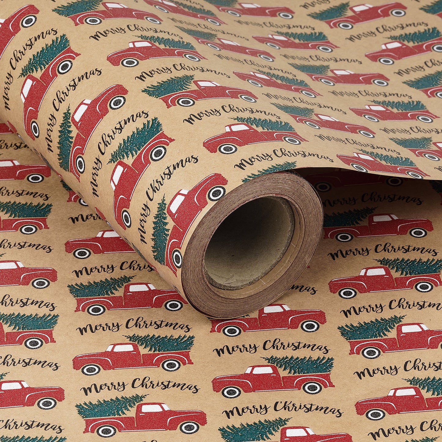 Tree Fram Car Christmas Kraft Wrapping Paper with Cut Line on Reverse