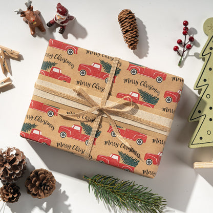Tree Fram Car Christmas Kraft Wrapping Paper with Cut Line on Reverse