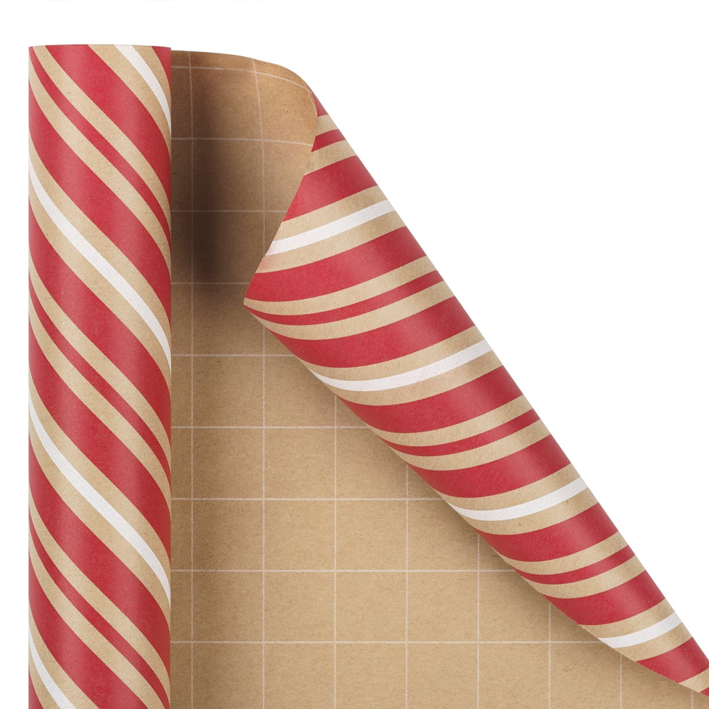White & Red Diagonal Stripe Christmas Kraft Wrapping Paper with Cut Line on Reverse
