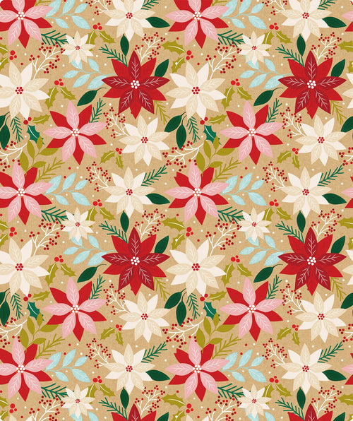 Xmas Poinsettia Christmas Kraft Wrapping Paper with Cut Line on Reverse