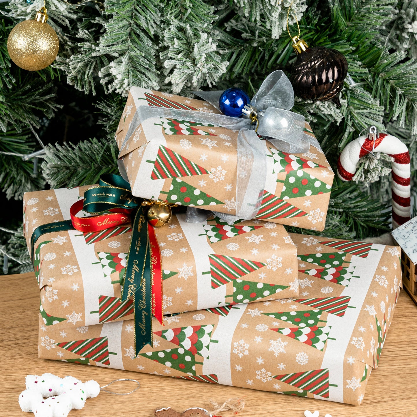 Xmas Tree Christmas Kraft Wrapping Paper with Cut Line on Reverse