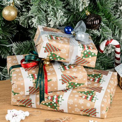 Xmas Tree Christmas Kraft Wrapping Paper with Cut Line on Reverse
