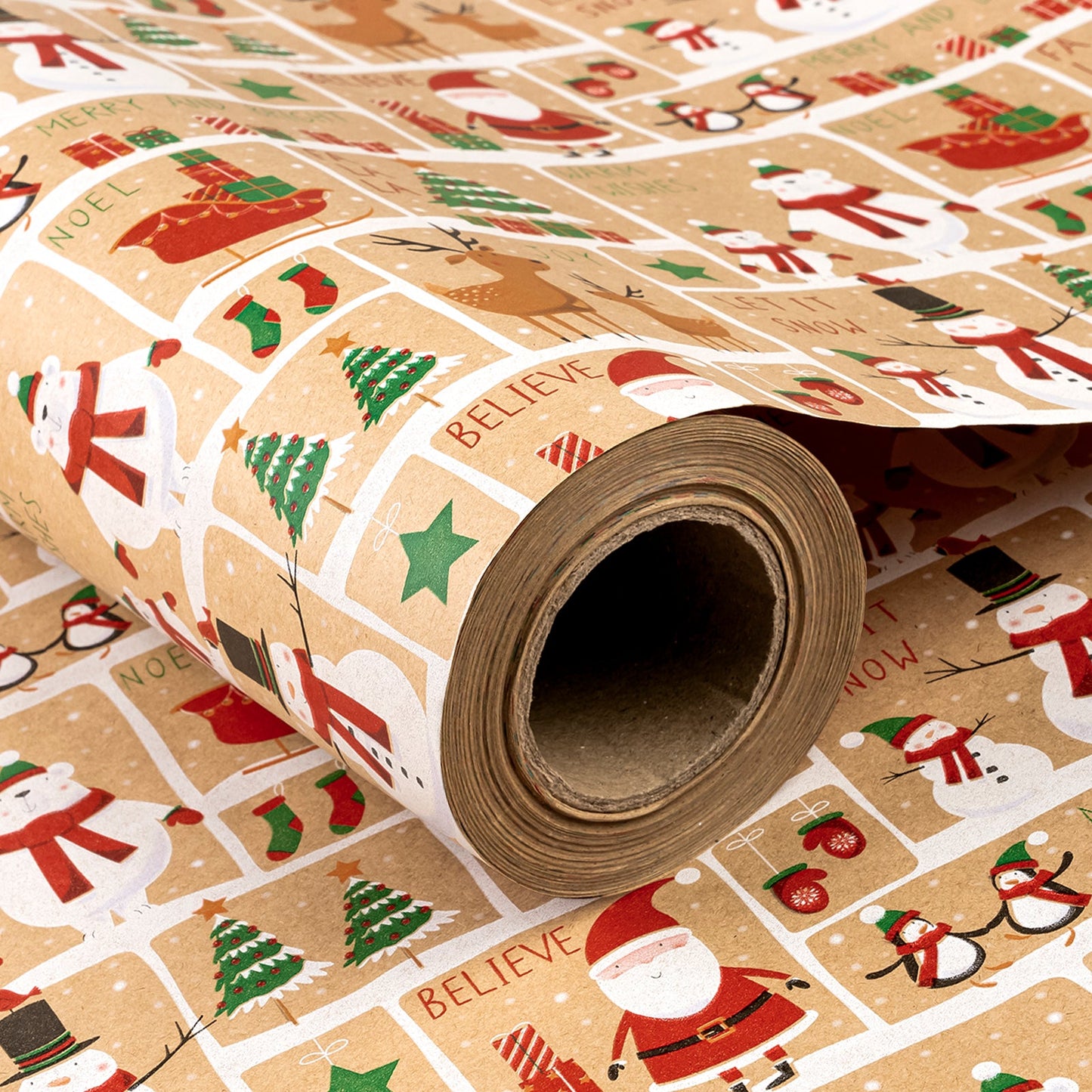 Xmas Wishes Christmas Kraft Wrapping Paper with Cut Line on Reverse
