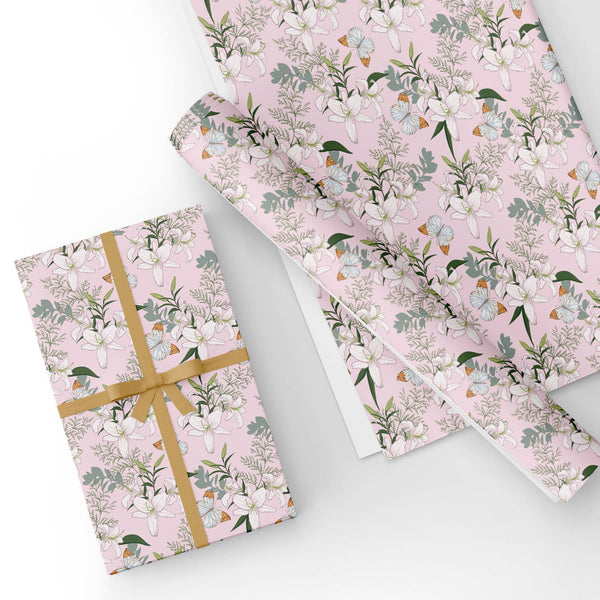 Elegant Floral with Butterfly in Pink Flat Wrapping Paper Sheet 19.7" X 27.6"