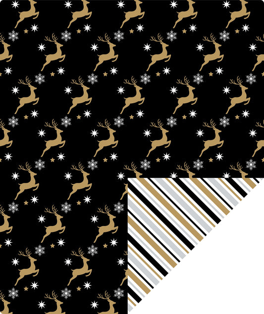Black Reindeer Christmas Wrapping Paper Roll with Brown & Light Blue Diagonal Stripes on Reverse