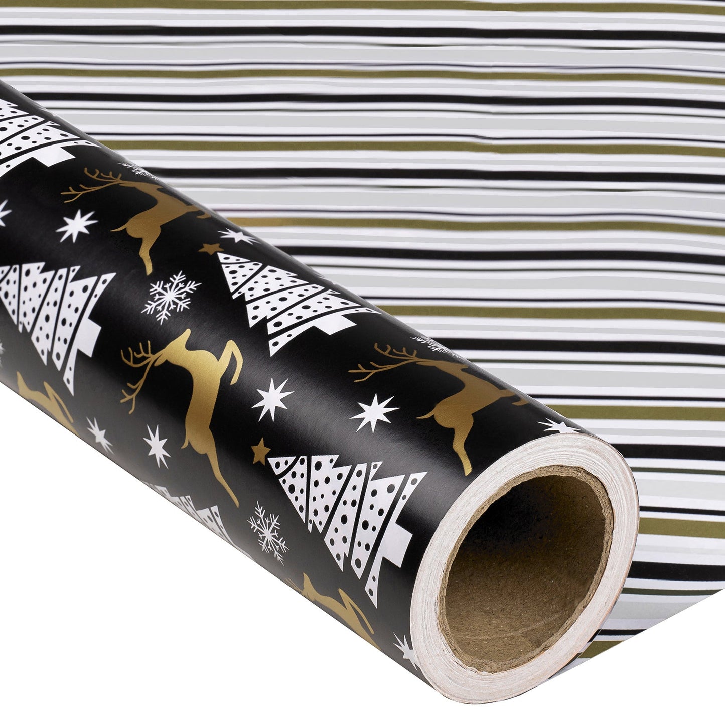Black Reindeer Christmas Wrapping Paper Roll with Brown & Light Blue Diagonal Stripes on Reverse