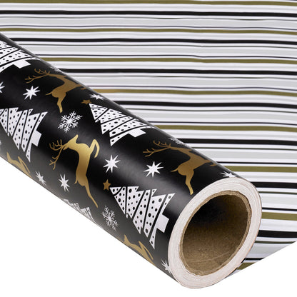Black Reindeer Christmas Wrapping Paper Roll with Brown & Light Blue Diagonal Stripes on Reverse
