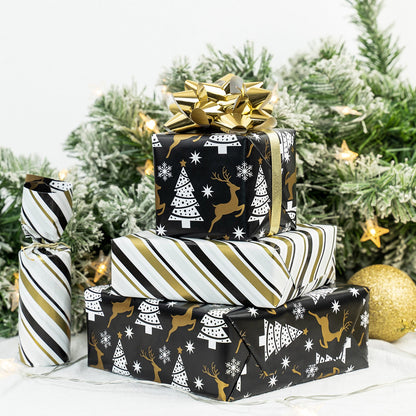 Black Reindeer Christmas Wrapping Paper Roll with Brown & Light Blue Diagonal Stripes on Reverse
