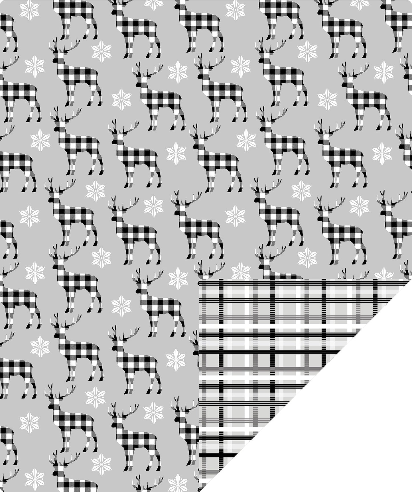 Buffalo Deer Christmas Wrapping Paper Roll with White & Black Buffalo Grid on Reverse