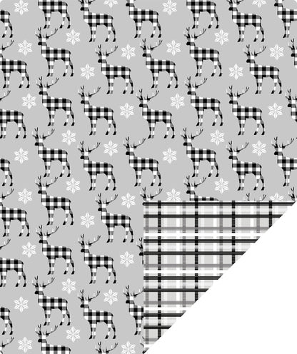 Buffalo Deer Christmas Wrapping Paper Roll with White & Black Buffalo Grid on Reverse