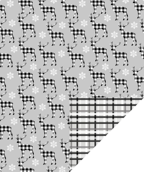 Buffalo Deer Christmas Wrapping Paper Roll with White & Black Buffalo Grid on Reverse