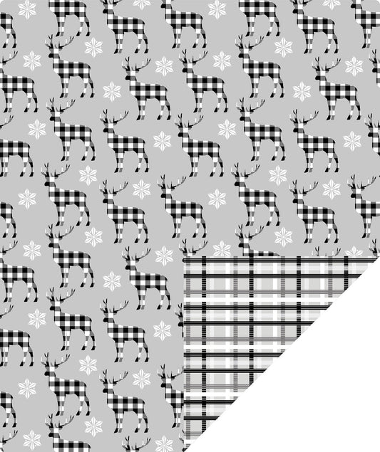 Buffalo Deer Christmas Wrapping Paper Roll with White & Black Buffalo Grid on Reverse