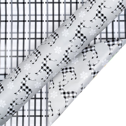 Buffalo Deer Christmas Wrapping Paper Roll with White & Black Buffalo Grid on Reverse
