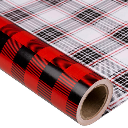 Check Pattern Christmas Wrapping Paper Roll with Black & Light Pink Buffalo Grid on Reverse