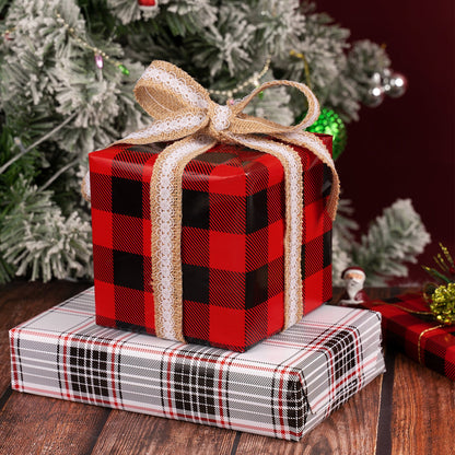 Check Pattern Christmas Wrapping Paper Roll with Black & Light Pink Buffalo Grid on Reverse
