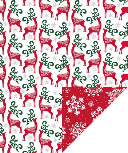 Christmas Deer Wrapping Paper Roll with Red & White Snowflakes on Reverse
