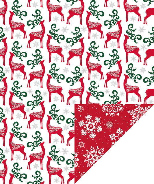 Christmas Deer Wrapping Paper Roll with Red & White Snowflakes on Reverse
