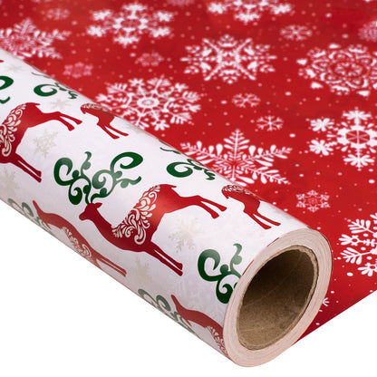 Christmas Deer Wrapping Paper Roll with Red & White Snowflakes on Reverse