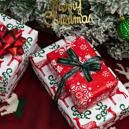 Christmas Deer Wrapping Paper Roll with Red & White Snowflakes on Reverse