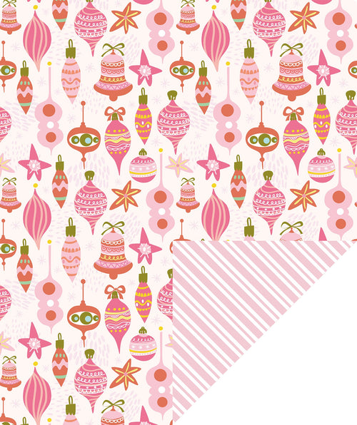 Christmas Ornament Christmas Wrapping Paper Roll with Pink Diagonal Stripes on Reverse