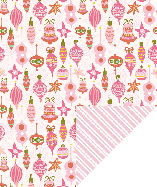 Christmas Ornament Christmas Wrapping Paper Roll with Pink Diagonal Stripes on Reverse