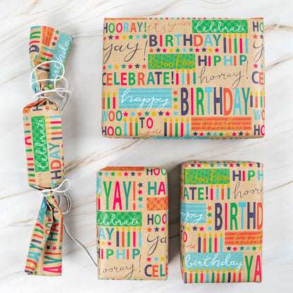 Hooyay Birthday Candle Eco-Friendly Kraft Wrapping Paper with Cut Line on Reverse
