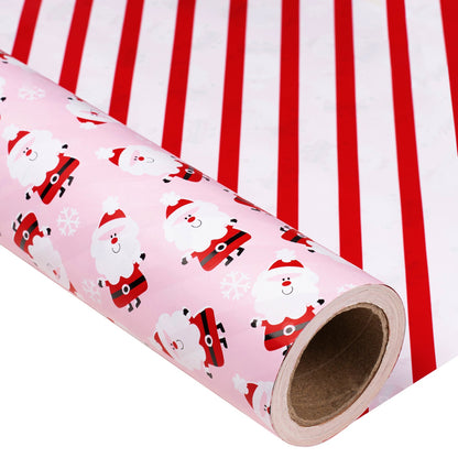 Cute Santa Christmas Wrapping Paper Roll with Red & White Diagonal Stripes on Reverse