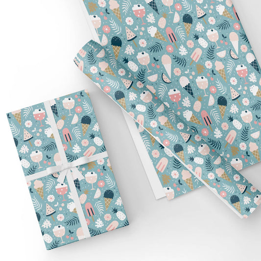 Summer Ice Cream Flat Wrapping Paper Sheet 19.7" X 27.6"
